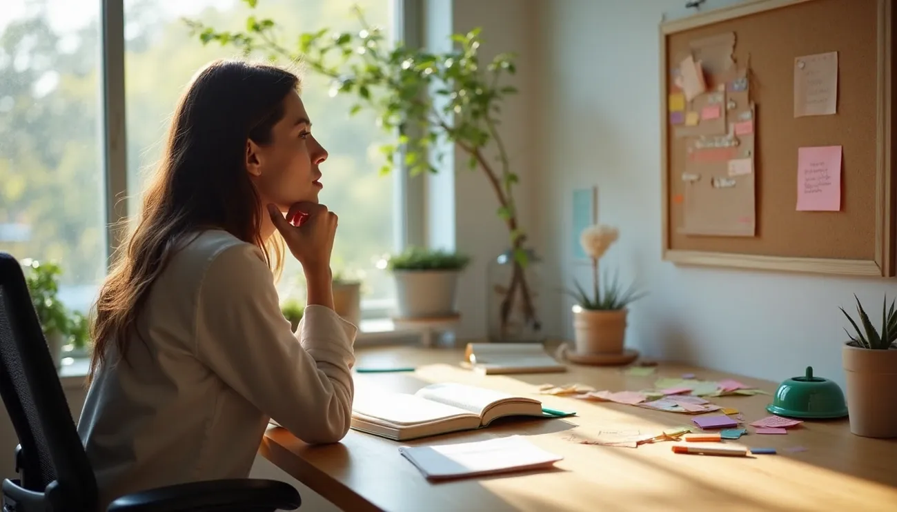 Person sitting at a desk with open books and sticky notes, appearing deep in thought by a sunlit window.